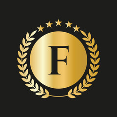 Letter F Concept Seal, Gold Laurel Wreath and Ribbon. Luxury Gold Heraldic Crest Logo Element