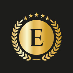 Letter E Concept Seal, Gold Laurel Wreath and Ribbon. Luxury Gold Heraldic Crest Logo Element