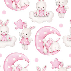 seamless pattern with baby animals.good night.sleeping rabbit.