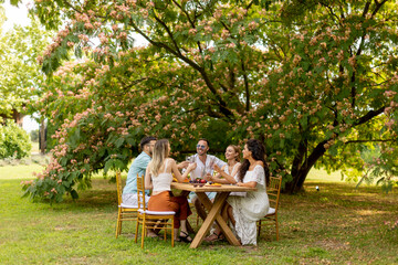 Group of happy young people cheering with fresh lemonade and eating fruits in the garden