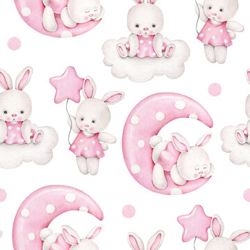 seamless pattern with baby animals.good night.sleeping rabbit.