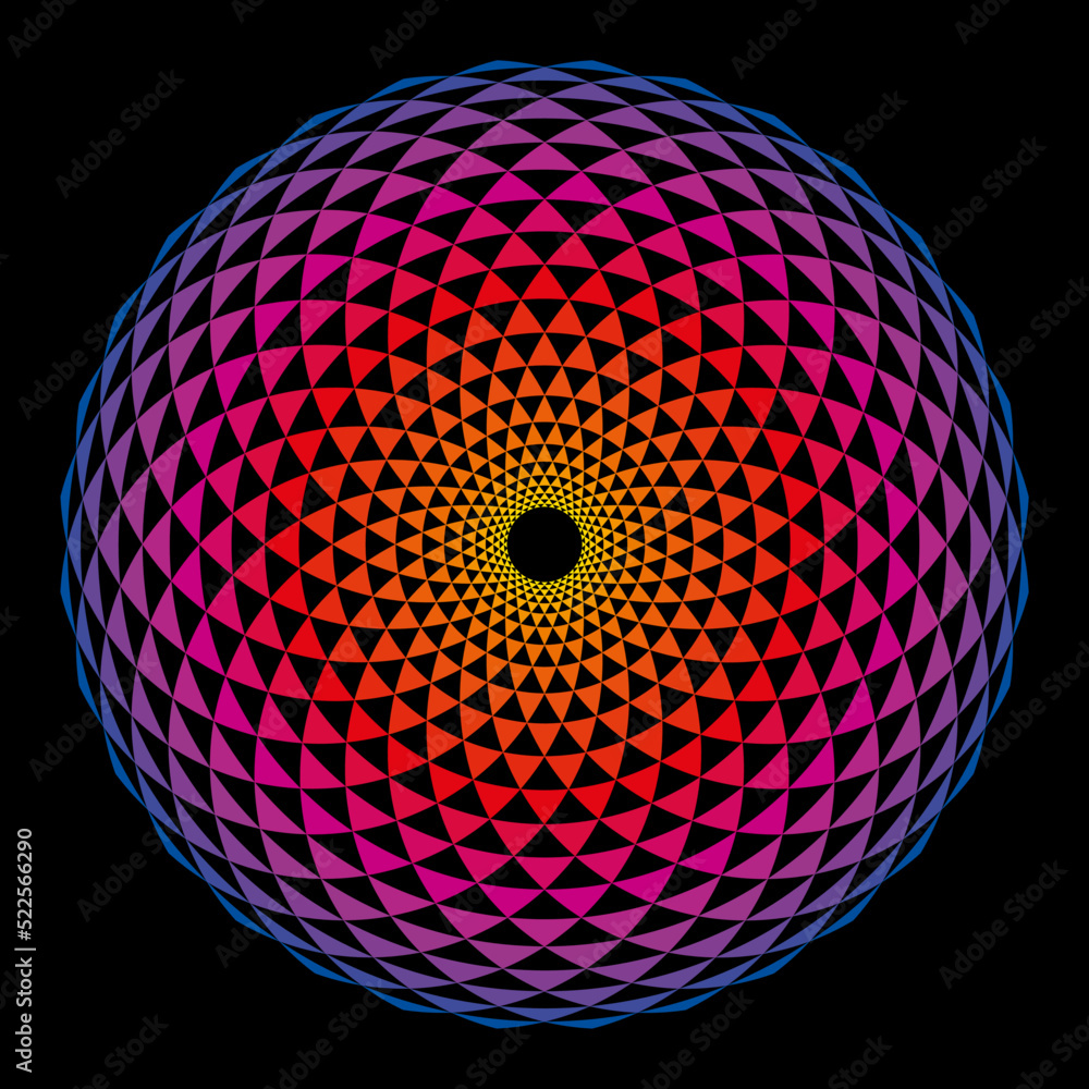 Poster colorful sphere shaped fibonacci pattern. arcs arranged in spiral form, crossed by circles, creating
