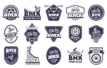 Bicycle motocross badges. Bmx extreme label, sport bike emblem and bicycle rider club vector set