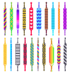 Poster Friendship bracelets. Hippie braided wristband, wrist bracelet with pattern and hand made jewellery vector set © WinWin