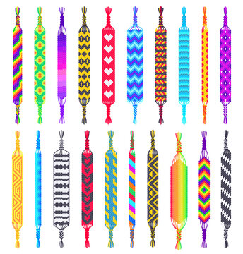 Friendship Bracelets. Hippie Braided Wristband, Wrist Bracelet With Pattern And Hand Made Jewellery Vector Set