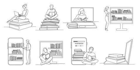 Continuous one line online books. Read book, listen audiobook and study on Internet. Students library app vector illustration set