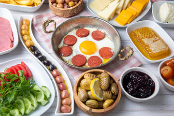 Traditional delicious Turkish breakfast, food concept photo.