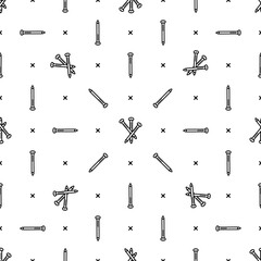 Black and white pattern with carpentry nails for work of carpenter. Vector illustration in outline flat style