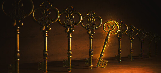 Many metal keys and one golden key