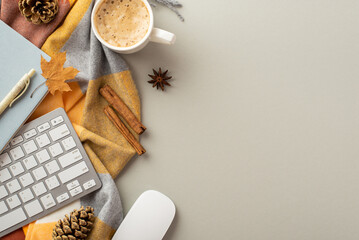 Autumn business concept. Top view photo of workplace computer mouse keyboard notepad pen cup of hot...