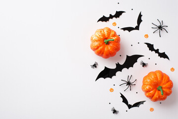 Halloween concept. Top view photo of pumpkins bat silhouettes spiders and black confetti on isolated white background with copyspace