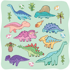 colorful illustration of dinosaurs and flora in vector. © alejandroblas