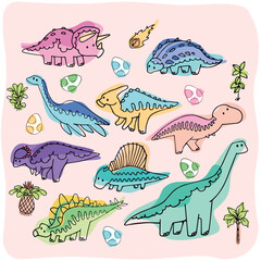 artistic illustration of dinosaurs and flora in vector. © alejandroblas