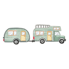 Hand Painted Watercolor Camper Van Illustration.