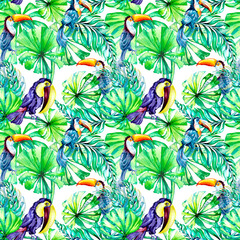 Toucan tropical birds and palm leaves watercolor seamless pattern on white background. © Ekaterina Lanbina