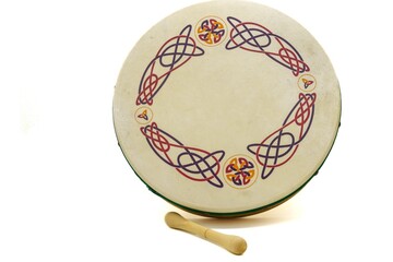 bodhrán is an Irish frame drum. Isolated on white background - obrazy, fototapety, plakaty