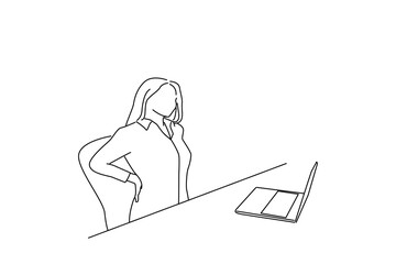 Cartoon of freelancer young woman suffering with back pain while working in her office at home. line art style