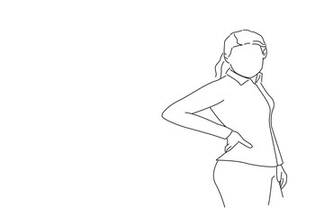 Fototapeta na wymiar Illustration of business woman with back pain holding her aching hip. Outline drawing style art