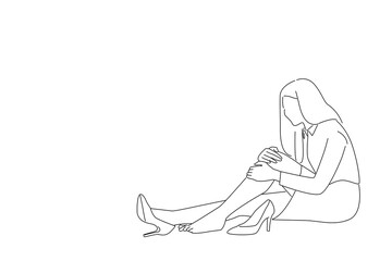 Drawing of businesswoman with knee problems sitting. line art style
