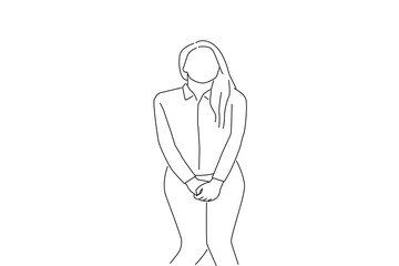 Cartoon of pretty young woman in need of a toilet. Outline drawing style art