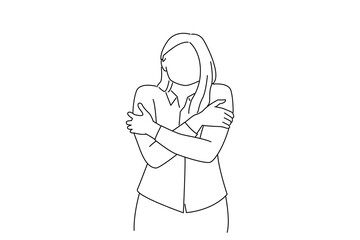 Drawing of business woman feeling uncomfortable walking hugging herself trembling, shaking feeling cold, freezing windy weather. line art style