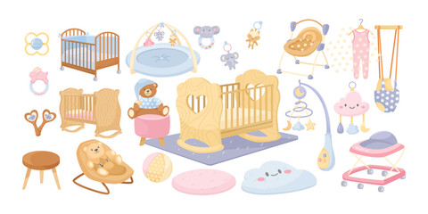 Baby bedroom interior elements vector illustrations set. Cartoon doodles of cute furniture and equipment for nursery, cradles, toys isolated on white background. Baby care, childhood, interior concept