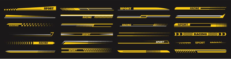 Sport car decal stripes. Speed lines, racing tuning strips and car sticker vector set - obrazy, fototapety, plakaty