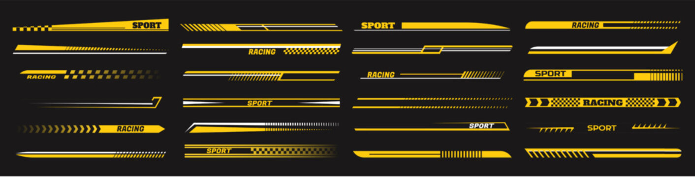 Sport car decal stripes. Speed lines, racing tuning strips and car sticker vector set