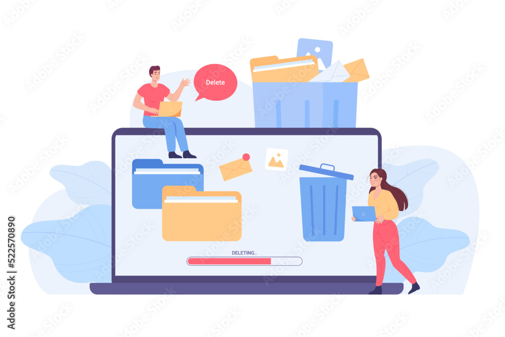 Poster tiny people and huge laptop with trash bin on screen. speech bubble with word delete, process of del