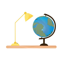 student's desk with a globe and a lamp. Vector flat illustration of the concept of education and knowledge