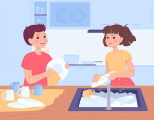 Fototapeta na wymiar Cute girl and boy washing dishes in kitchen. Cartoon kids cleaning plates with sponge and cloth, children helping with housework flat vector illustration. Household, childhood concept for banner