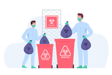 Workers in uniform throwing away biohazard garbage bags. Team of hospital workers disposing of medical waste flat vector illustration. Biohazard, danger, medicine concept for banner or landing page