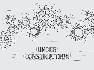 Under construction. Sketch gears, hand drawn mechanical gear wheels mechanism vector Illustration