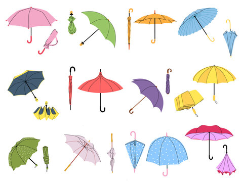 Various umbrellas. Folded parasol, open umbrella for rainy weather. Different shape accessories vector set