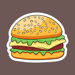 Tasty hamburger or cheeseburger, fast food, sticker icon, vector design element, hand drawn