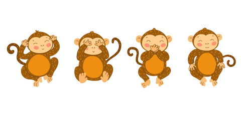 Wise monkeys. Cute ape with hands covering mouth, eyes and ears. Blind, deaf and mute monkey. See, hear and speak no evil cartoon vector illustration