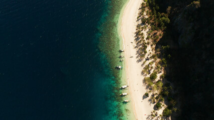 aerial view island with tropical sandy beach and palm trees. Malajon Island, Philippines, Palawan. tourist boats on coast tropical island. Summer and travel vacation concept. beach and blue clear sea