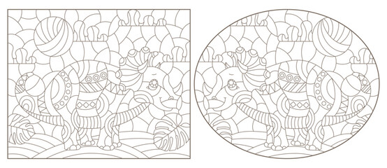 A set of contour illustrations in the style of stained glass with cute dinosaurs, dark contours on a white background