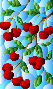 Illustration in the style of a stained glass window with the branches of cherry  tree , the  branches, leaves and berries against the skyy