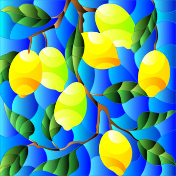 Illustration in the style of a stained glass window with the branches of lemon tree , the fruit branches and leaves against the sky