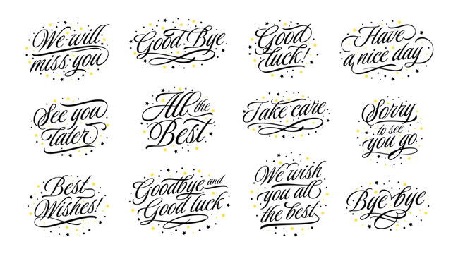 Handwritten farewells. Goodbye message lettering, good luck tag and all the best. Typography farewell sign vector set