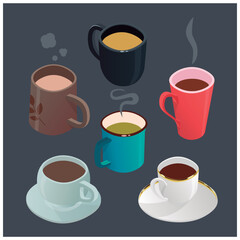 Collection of cups with hot drinks. Types of coffee, soup, hot chocolate, tea. Americano and latte macchiato. Isometric vector.