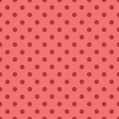 Vector seamless pattern with red polka print. Vector background with red dots on pink background. - obrazy, fototapety, plakaty