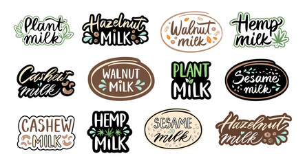 Plant milk lettering. Hazelnut, walnut, cashew nuts based product packaging design label. Sesame and hemp plants emblem vector set