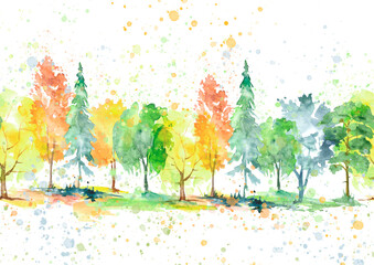 Watercolor autumn trees of yellow, red, orange color. Autumn forest,hill. Watercolor art background. Beautiful splash of paint. Abstract creative background. Country landscape, park. Eco poster