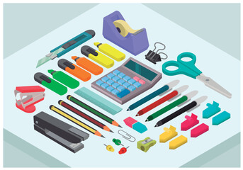 Office items. desktop plugins. School supplies. In color isometric view. Vector illustration of office work.