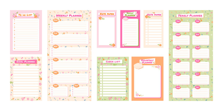 Cute planner templates. To do list with flower ornament, check list and note paper. Daily, weekly, monthly and yearly planners vector set