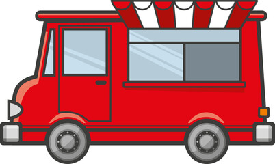 Street food track icon. Red van with striped awning