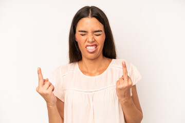 hispanic pretty woman feeling provocative, aggressive and obscene, flipping the middle finger, with...