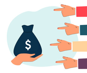 Hands pointing at bag of money flat vector illustration. Bag full of money on human hand. Finance, wealth, success, investment concept for banner, website design or landing web page